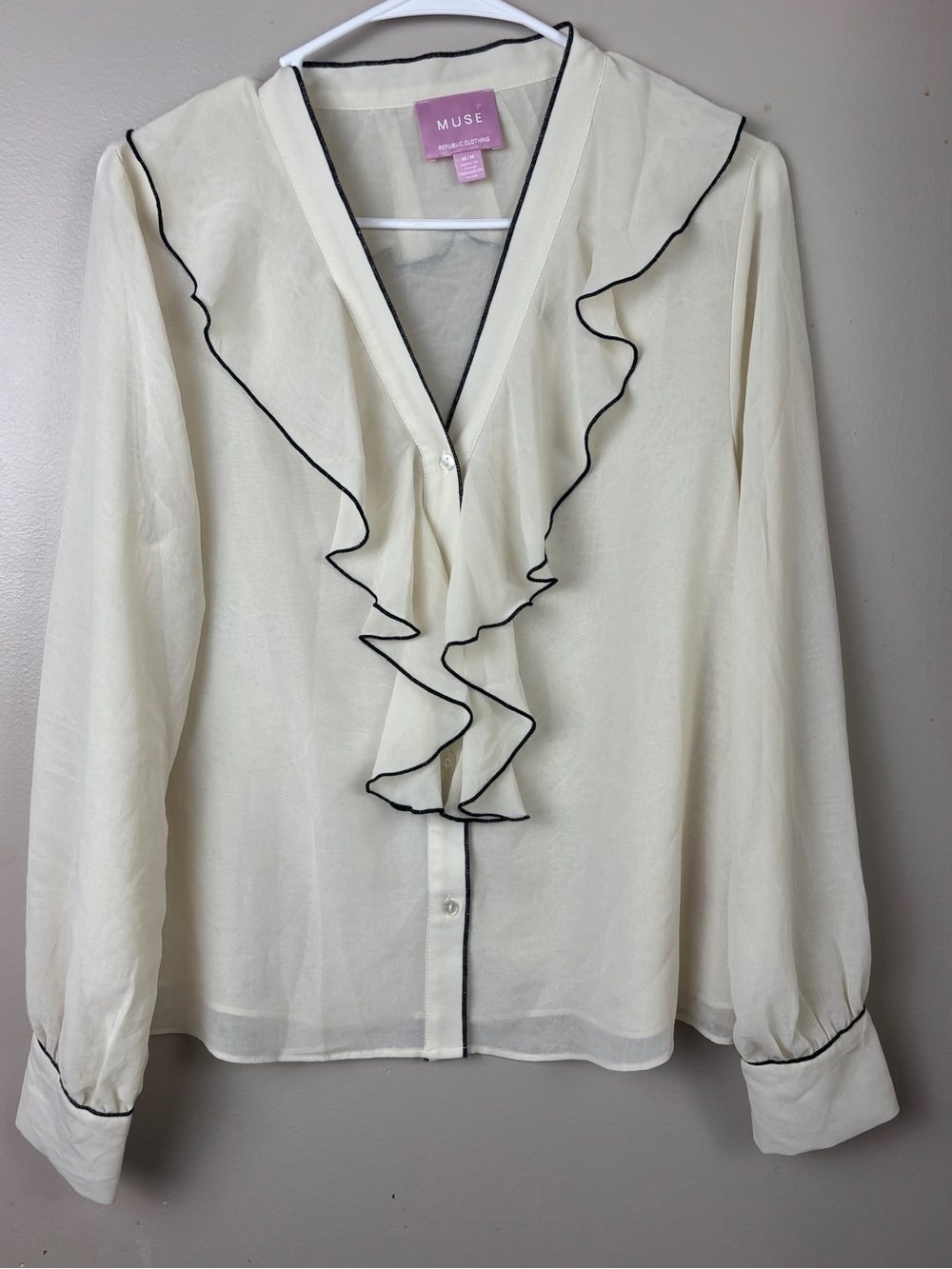 MUSE Cream Ruffle V-Neck Blouse with Black Piping